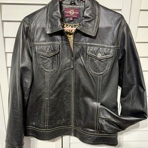 Black Leather Moto Jacket | Leopard Lined | Women’s L